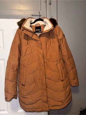 Roxy Women's Tan Puffer Coat with Faux Fur Trim